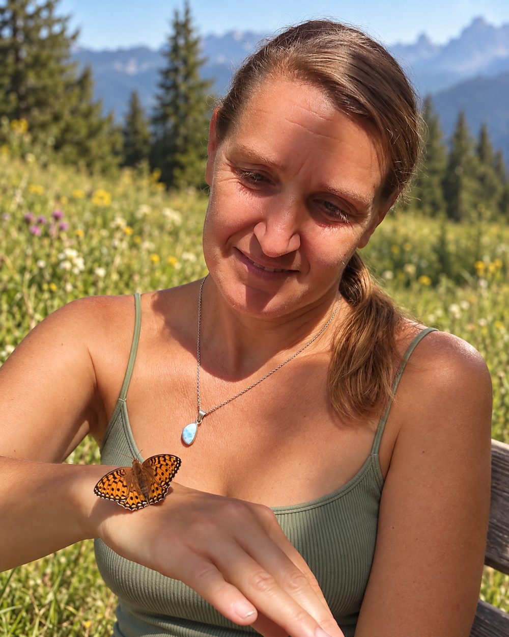 Ilona sitzt auf einer Bergwiese und lächelt einen orangefarbenen Schmetterling an, der auf ihrer Hand sitzt.